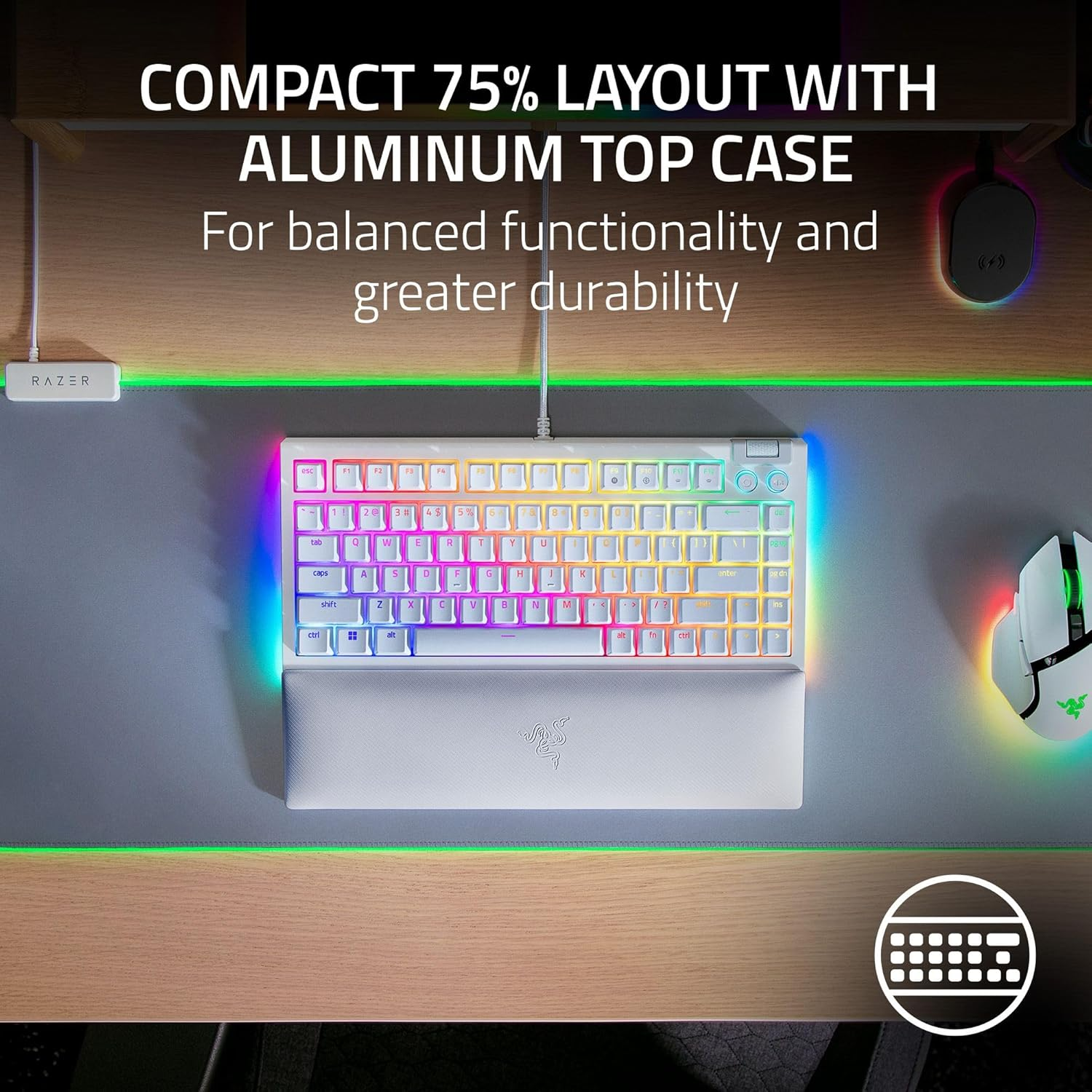 Razer BlackWidow V4 75% Mechanical Hot-swappable Compact & Durable Chroma MF Roller & Media Keys Wrist Rest Orange Tactile Switches - White Razer BlackWidow V4 75% Mechanical Hot-swappable Compact & Durable Chroma MF Roller & Media Keys Wrist Rest Orange Tactile Switches - White